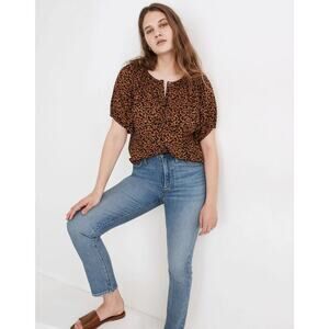 Madewell brown black balloon sleeve button up top leopard blouse cotton medium